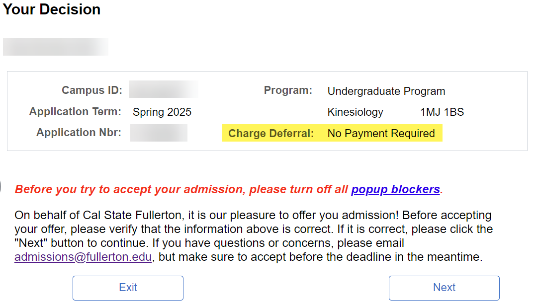 Image showing your decesion page of CSUF portal with Charge Defferal statement "No Payment Required" highlighted